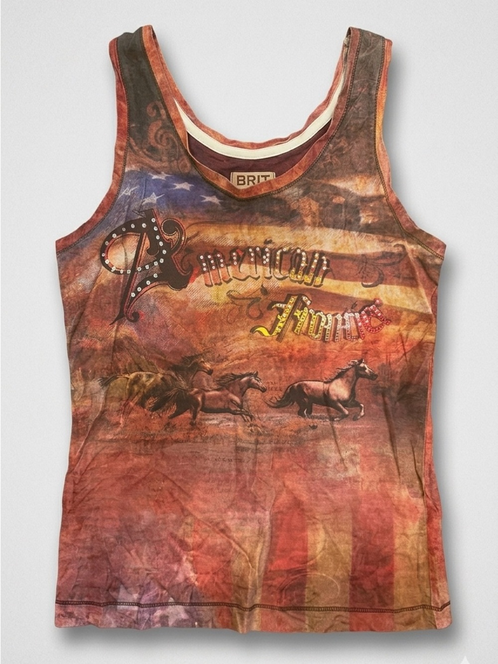 Vintage Y2K Bit & Bridle Western American Frontier Flag Rhinestone Tank Top MED